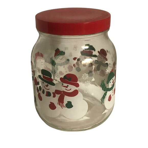 Vintage ANCHOR HOCKING Christmas Snowman Clear Glass Storage Canister Jar w/Lid - Picture 2 of 4